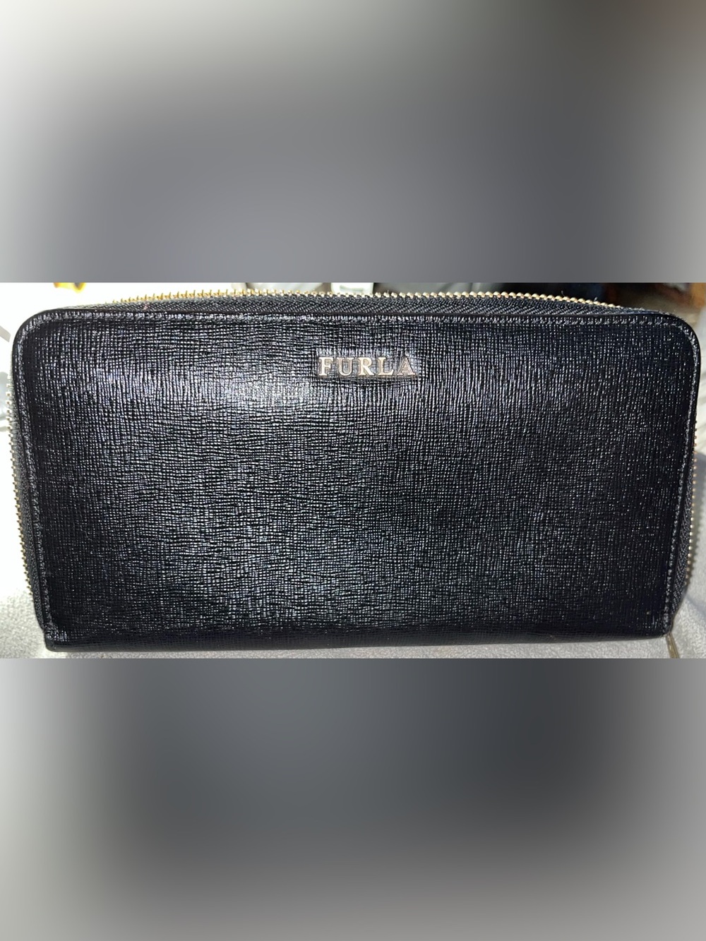 Furla EUC Black Textured Leather Zip-Around Wallet